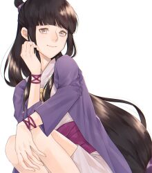 1girl black_hair cha_so_2 grey_eyes japanese_clothes kimono long_hair purple_kimono solo solo_focus white_background