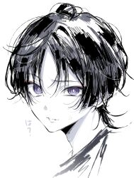 1boy 5656hayururi adam&#039;s_apple anger_vein annoyed bishounen black_hair blunt_ends bright_pupils cropped_head eyeliner eyeshadow furrowed_brow genshin_impact grey_hair greyscale highres makeup male_focus messy_hair monochrome multicolored_hair parted_bangs parted_lips purple_eyes red_eyeliner red_eyeshadow scaramouche_(genshin_impact) solo spot_color streaked_hair translation_request uneven_eyes white_background white_hair white_pupils wispy_bangs