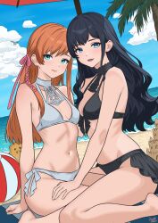 2girls absurdres ball barefoot beach beach_umbrella beachball between_legs bikini bird black_bikini black_hair black_vs_white blue_eyes blue_sky breasts cloud commentary_request day final_fantasy final_fantasy_xiv gaia_(ff14) hand_on_another&#039;s_thigh highres kosaka_utaha long_hair looking_at_viewer multiple_girls navel ocean orange_hair outdoors palm_tree red_eyes ryne_waters sand_castle sand_sculpture sky small_breasts smile swimsuit tree umbrella white_bikini yuri
