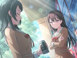 2girls bang_dream! bang_dream!_it&#039;s_mygo!!!!! black_hair bow bowtie brown_dress brown_hair can canned_coffee closed_eyes crossed_arms dress drink_can game_cg long_hair long_sleeves mole mole_under_eye multiple_girls official_art open_mouth outdoors pleated_dress red_bow red_bowtie sailor_collar sailor_dress shiina_taki sunlight third-party_source vending_machine white_sailor_collar yahata_umiri