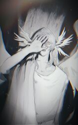 1boy angel_wings artist_name chromatic_aberration commentary covering_one_eye dardan_21 english_commentary feathered_wings greyscale hair_between_eyes head_wings highres honkai:_star_rail honkai_(series) male_focus medium_hair monochrome multiple_wings parted_lips robe solo spotlight sunday_(honkai:_star_rail) wide-eyed wings wolf_cut yellow_eyes