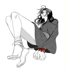 1boy ahoge alternate_hairstyle arms_behind_back artist_name bare_legs barefoot bdsm black_hair black_hanfu bondage bound bound_ankles bound_arms bound_wrists chinese_clothes commentary english_commentary feet foot_focus full_body greyscale hair_down hanfu highres implied_yaoi legs long_hair long_sleeves looking_at_viewer male_focus minataka94 modao_zushi monochrome off_shoulder open_clothes open_robe parted_lips partially_undressed profile red_ribbon restrained ribbon ribbon_bondage robe sash simple_background single_bare_shoulder smile soles solo spot_color toes wei_wuxian white_background white_ribbon wide_sleeves