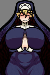 1girl blonde_hair blush breasts clenched_teeth closed_eyes covered_navel cowboy_shot double_(skullgirls) facing_viewer frown grey_background grimace huge_breasts nun palms_together praying raburiihamu skullgirls solo teeth wavy_mouth wide_hips