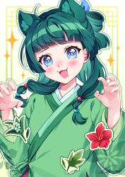 1girl absurdres animal_ears beads blue_eyes blush bow cat_ears chinese_clothes commentary fang flower freckles green_hair green_hanfu hair_beads hair_bow hair_ornament hands_up hanfu herb highres kusuriya_no_hitorigoto long_hair looking_at_viewer maomao_(kusuriya_no_hitorigoto) open_mouth solo sparkle sparkling_eyes symbol-only_commentary upper_body zibysart