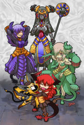 Rule 34 | 5girls, armor, armored dress, arthropod girl, blood, boots, breasts, cable, corset, curly hair, demon girl, demon tail, dress, eyeshadow, fang, faulds, gauntlets, green eyes, grin, hair over one eye, horns, hug, leaf, long hair, makeup, maou beluzel, monster girl, multiple girls, narrow waist, nise maou dokuzeru, nise maou kanizeru, nise maou kikaizeru, nise maou sukaraberu, original, pantyhose, pink hair, plant, plant girl, pointing, pubic hair, purple eyes, red eyes, red hair, robot, robot ears, scales, sharp teeth, short hair, skirt, smile, staff, tail, takahashi note, teeth, venus flytrap, yuusha to maou