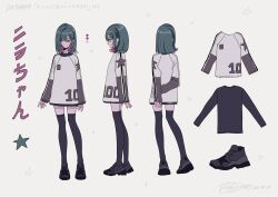 Rule 34 | 1girl, aqua hair, arm at side, arms behind back, black shirt, black shoes, black thighhighs, black undershirt, character name, closed mouth, color guide, colored inner hair, concept art, cream (zutomayo), fingernails, from behind, from side, frown, highres, light frown, long sleeves, looking to the side, medium hair, multicolored hair, multiple views, myon (tokipi), nira-chan, nira-chan (cream) (zutomayo), official art, pink eyes, pink hair, production art, reference sheet, second-party source, shirt, shoes, song name, standing, star (symbol), thighhighs, white background, white shirt, zutto mayonaka de ii no ni