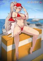 1girl absurdres arm_strap artist_request barcode barcode_tattoo bare_legs bare_shoulders barefoot bikini blurry breasts brown_hair cleavage commentary_request commission depth_of_field dungeon_and_fighter ella_(dungeon_and_fighter) feet halterneck hand_up hat highres jacket jewelry korean_commentary large_breasts long_hair long_sleeves looking_at_viewer navel necklace off_shoulder open_clothes open_jacket red_bikini red_eyes red_hat sitting solo stomach strap_gap string_bikini swimsuit tattoo thighs very_long_hair visor_cap white_jacket