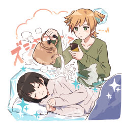 2girls :/ black_hair blonde_hair bullfalk clenched_hands closed_eyes closed_mouth collarbone commentary_request daiba_nana eighth_note frozen green_eyes green_shirt hands_on_own_chest head_on_pillow highres holding holding_kettle holding_phone hood hoodie kagura_hikari kettle long_hair long_sleeves looking_at_phone lying multiple_girls musical_note on_side phone pillow pouring shirt short_hair short_twintails shoujo_kageki_revue_starlight simple_background sleeping sparkle standing steam swept_bangs t-shirt translation_request twintails under_covers white_background white_hoodie