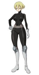 Rule 34 | 1girl, anime coloring, belt, black bodysuit, blonde hair, blue eyes, bodysuit, boots, breasts, brown belt, charlotte (dr. stone), dr. stone, full body, gloves, hair between eyes, hand on own hip, highres, iwase yuuko (artist), knee boots, knee guards, lips, looking at viewer, medium breasts, official art, short hair, simple background, solo, standing, transparent background, tsurime, v-shaped eyebrows, white boots, white gloves