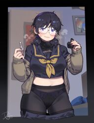 1girl ascot black_hair black_panties black_pantyhose blue_skirt blush breasts brown_cardigan camera cardigan clothes_pull difman female_pervert glasses heart holding holding_key key lace lace-trimmed_panties lace_trim large_breasts luna_(difman) messy_hair open_cardigan open_clothes original panties panties_under_pantyhose pantyhose pervert plump saliva saliva_trail skirt skirt_pull solo sweat twintails underwear wavy_mouth yellow_ascot