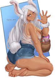 1girl absurdres animal_ears artist_name ass bare_legs barefoot basket blue_shorts boku_no_hero_academia breasts brown_eyes cacto_art covered_erect_nipples dark-skinned_female dark_skin denim denim_shorts easter_egg egg eyelashes feet full_body grey_hair hand_on_own_thigh hand_up highres large_breasts legs long_hair looking_at_viewer mirko parted_lips rabbit_ears rabbit_girl raised_inner_eyebrows see-through_clothes see-through_shirt seiza shirt short_eyebrows short_shorts shorts sitting soles solo tank_top thick_eyebrows thick_thighs thighs toes torn_clothes torn_shorts very_long_hair white_tank_top
