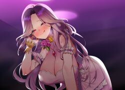 1girl :q absurdres bent_over blush bow breasts cleavage commission dress earrings flower frilled_arm_strap gold_collar highres indie_virtual_youtuber jewelry large_breasts long_hair necklace pink_dress pink_flower pink_rose purple_bow purple_eyes purple_hair rose saliva second-party_source skeb_commission solo sui_hi_sf symbol-shaped_pupils tongue tongue_out virtual_youtuber yuuri_(vtuber)