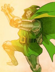 1boy arm_behind_back arm_up armor armored_boots belt bengus boots capcom cape claw_pose clenched_hand doctor_doom facing_to_the_side game_cg green_cape green_hood helmet highres hood hooded_cape leg_up male_focus marvel marvel_vs._capcom marvel_vs._capcom_2 mask non-web_source official_art power_armor scan sidelighting solo x-men
