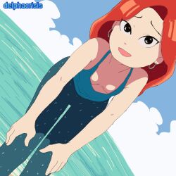 1girl black_eyes blue_pants blue_shirt breasts chelsea_van_der_zee cloud collarbone delpha_crisis dreamworks earrings hands_on_own_knees hoop_earrings jewelry leaning_forward long_hair looking_at_viewer ocean open_mouth pants red_hair ruby_gillman:_teenage_kraken shirt sky small_breasts smile standing tank_top water