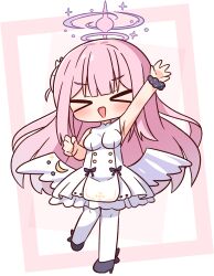 &gt;_&lt; 1girl :d arm_up armpits bare_shoulders blue_archive blue_scrunchie blue_shoes blush breasts closed_eyes commentary_request dress facing_viewer frilled_dress frills full_body halo hana_kazari highres long_hair mika_(blue_archive) open_mouth outstretched_arm pantyhose pink_hair pink_halo scrunchie shoes sleeveless sleeveless_dress smile solo standing standing_on_one_leg white_pantyhose wrist_scrunchie xd