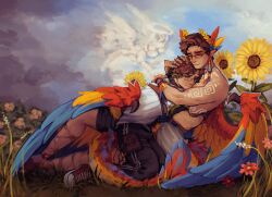 1girl 2boys alternate_costume angel black_pants brown_hair cloud commentary couple dinosaur_boy dinosaur_tail elmariana english_commentary feathered_wings flower grass halo headwear_request highres hug implied_death juanaflippa male_focus minecraft_youtube multiple_boys outdoors painterly pants pointy_ears quackity_smp sharkbiitezz shirt short_hair sky slimecicle sunflower tail topless_male tribal white_shirt wings yaoi