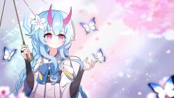 Rule 34 | 1girl, absurdres, blue archive, blue bow, blue bowtie, blue hair, bow, bowtie, braid, bridal gauntlets, bug, butterfly, cherry blossoms, chinese commentary, chise (blue archive), closed mouth, commentary, demon horns, flower, hair flower, hair ornament, highres, holding, holding umbrella, horns, insect, japanese clothes, kimono, long hair, looking at animal, low twintails, mixed-language commentary, red eyes, sleeveless, sleeveless kimono, smile, solo, tonghua sakana, twintails, umbrella, white kimono, white sleeves