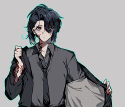 1boy ^^^ arm_tattoo black_eyes black_hair black_necktie blood blood_on_arm blood_on_face blood_on_hands blue_eyes blue_outline collared_shirt commentary_request full-stop_office_(identity)_(project_moon) grey_background grey_shirt hair_over_one_eye heterochromia high_ponytail highres hong_lu_(project_moon) korean_commentary limbus_company male_focus neck_tattoo necktie outline partially_undressed ponytail project_moon red_hong00 shirt simple_background solo tattoo upper_body