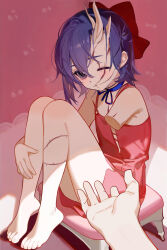 1girl amputee bad_source bare_shoulders barefoot black_eyes blue_choker blue_hair blush bow bow_choker child choker dress feet full_body hair_between_eyes hair_bow hand_on_own_leg highres horns long_bangs looking_at_viewer miside mita_(miside) official_art on_chair one_eye_closed outstretched_hand pink_background pov purple_hair red_dress scar scar_on_chest scar_on_face scar_on_leg sitting sleeveless solo tiny_mita_(miside)