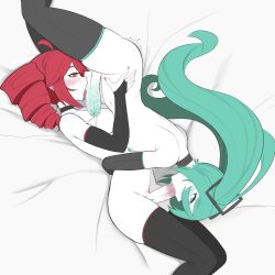 2girls 69 ahoge aqua_eyes aqua_hair ass ater18 black_choker black_thighhighs breasts choker completely_nude cum cum_on_body cum_on_breasts cum_on_upper_body drill_hair fellatio female_pubic_hair flat_chest futanari hatsune_miku highres kasane_teto licking licking_penis long_hair medium_breasts multiple_girls nipples nude on_bed oral penis pubic_hair red_eyes red_hair red_trim saliva thick_thighs thighhighs thighs twin_drills twintails uncensored utau vocaloid