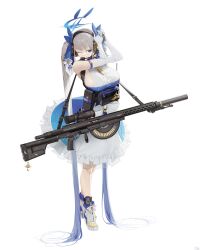 1girl absurdres adjusting_bow adjusting_hair ammunition aronman automatic_rifle blue_bow blue_dress blue_eyes blue_footwear bow breasts chauchat chauchat_(girls&#039;_frontline) dress frilled_dress frilled_skirt frills girls&#039;_frontline grey_hair gun hair_bow hairband highres large_breasts light_machine_gun long_hair machine_gun maid original scope sideboob skirt solo standing strap twintails two-tone_dress two-tone_footwear very_long_hair weapon white_background white_dress white_footwear