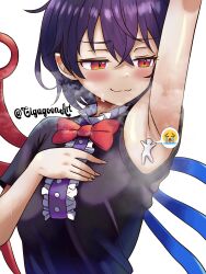 1girl 1other :3 absurdres arm_up armpit_focus armpits artist_name asymmetrical_wings black_dress black_hair blue_wings blush bow bowtie breasts center_frills closed_mouth crying_emoji dress emoji fingernails frills giant giantess gigagoon hair_between_eyes half-closed_eyes highres houjuu_nue mini_person mixed-language_commentary multilingual_commentary nue_day red_bow red_bowtie red_eyes red_wings short_hair short_sleeves simple_background sleeve_rolled_up slit_pupils small_breasts smile solo spoken_emoji steam sweat touhou upper_body white_background wings