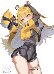 1girl absurdres animal_ears black_shirt blonde_hair claw_pose colored_inner_hair hetani312 highres jacket ju_fufu long_hair looking_back multicolored_hair open_clothes open_jacket ribbon shirt shorts simple_background tail thick_thighs thighs tiger_ears tiger_girl tiger_tail zenless_zone_zero