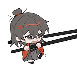 1boy anger_vein bags_under_eyes black_eyes black_hair black_hanfu black_shoes chibi chibi_only chinese_clothes chinese_commentary chopsticks coat dao_gui_yi_xian full_body hair_between_eyes hair_bun half_updo hanfu li_huowang long_hair long_sleeves male_focus mini_person miniboy open_mouth red_coat shoes simple_background single_hair_bun solo v-shaped_eyebrows white_background wide_sleeves xinjinjumin3253637