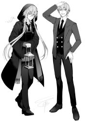 2boys :d asclepius_(fate) asclepius_(my_student_council)_(fate) book buttons collared_shirt crossed_bangs double-breasted dress_shoes earrings expressionless fate/grand_order fate_(series) fringe_trim full_body greyscale hair_between_eyes hand_on_own_head hand_on_own_hip highres holding holding_book holding_lantern hood hood_up hooded_coat jacket jason_(fate) jason_(my_student_council)_(fate) jewelry jitome lantern long_sleeves looking_at_viewer male_focus monochrome multiple_boys necktie official_alternate_costume open_mouth pants shirt short_hair short_hair_with_long_locks signature simple_background sleeves_past_wrists smile snake stole striped_clothes striped_jacket sweater tcb teeth upper_teeth_only v-shaped_eyebrows vertical-striped_clothes vertical-striped_jacket vest white_background