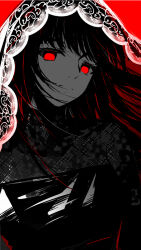1girl black_dress black_hair closed_mouth commentary dress floating_hair greyscale_with_colored_background highres lancefate long_hair osaragi_(sakamoto_days) red_background red_eyes sakamoto_days simple_background solo veil