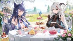 2girls :t absurdres aegir_(azur_lane) ahoge alice_vu azur_lane bare_shoulders black_horns blue_butterfly blue_hair blush bodystocking bodysuit breast_rest breasts brown_bodysuit brown_gloves bug bush butterfly cake chair chi_an_(azur_lane) cleavage closed_mouth commentary cone_hair_bun cookie copyright_name cup cupcake day demon_horns detached_sleeves eating elbow_gloves english_commentary fang flower food food_on_face fork fruit gloves grey_hair hair_between_eyes hair_bun hair_intakes hair_on_horn highres holding holding_cup holding_fork horns insect large_breasts logo long_hair looking_at_another macaron manjuu_(azur_lane) multicolored_hair multiple_girls official_art on_chair open_mouth outdoors pink_flower pink_rose plate purple_eyes red_eyes red_hair red_streaks rose second-party_source sidelocks sitting smile strawberry streaked_hair table teacup teapot tiered_tray tree two-tone_hair upper_body watermark whipped_cream white_flower white_hair white_rose yellow_eyes