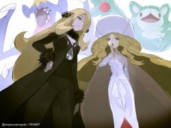 2girls artist_name black_coat black_eyes black_pants black_shirt blonde_hair blue_eyes breasts caitlin_(pokemon) cape cleavage closed_mouth coat commentary covering_own_mouth cynthia_(pokemon) dress floating from_below fur-trimmed_coat fur-trimmed_sleeves fur_collar fur_trim garchomp gen_4_pokemon gen_5_pokemon hair_ornament hair_over_one_eye hand_on_own_hip hand_over_own_mouth hat long_hair looking_at_viewer looking_down mayotsunamayo medium_breasts multiple_girls nintendo one_eye_covered open_mouth pants pokemon pokemon_(creature) pokemon_bw pokemon_dppt reuniclus see-through_cape sharp_teeth shirt small_breasts smile standing teeth twitter_username very_long_hair white_background white_dress white_hat yawning yellow_eyes