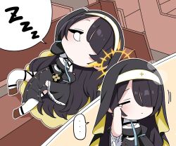 Rule 34 | ..., 1girl, absurdres, b.t. (boob tong), bench, black coif, black dress, black hair, blue archive, chest harness, chibi, closed eyes, coif, cross, cross earrings, detached collar, dress, earrings, garter straps, habit, hair over one eye, halo, harness, highres, hinata (blue archive), jewelry, legs apart, long hair, long sleeves, lying, nose bubble, nun, on back, pew, sleeping, sleepy, spoken ellipsis, spoken zzz, thighhighs, white thighhighs, wide sleeves, winged halo, wooden bench, yellow halo, zzz