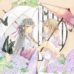 Rule 34 | 2girls, artist name, black hair, bow, brown hair, bug, butterfly, dress, flower, fringe-trimmed shawl, from side, hair bow, hakama, half updo, highres, holding, holding umbrella, insect, japanese clothes, kimono, light smile, long sleeves, looking at another, looking at viewer, looking to the side, multiple girls, oil-paper umbrella, original, painting (medium), profile, purple bow, purple ribbon, ribbon, round window, shawl, traditional media, umbrella, watercolor (medium), white dress, window, yellow bow, yufushi