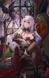1girl absurdres bird black_boots black_dress black_thighhighs boots breasts commentary_request crossed_legs crow detached_sleeves dress earrings highres honkai_(series) honkai_impact_3rd indoors jewelry large_breasts lk_luke long_hair on_chair red_eyes sitting solo theresa_apocalypse theresa_apocalypse_(luna_kindred) theresa_apocalypse_(lunar_vow:_crimson_love) thighhighs thighs very_long_hair white_hair