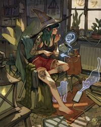 1girl applying_lipstick applying_makeup arm_tattoo artist_logo barefoot black_shirt book bookshelf cat cellphone chair closed_eyes closed_mouth clothes_on_chair commentary cup day english_commentary flower_tattoo ghost green_hair hat heater highres holding holding_wand jar lantern leg_tattoo logo long_hair looking_at_mirror magic mirror nail_polish on_chair original phone plant poster_(object) potted_plant red_nails red_shorts rug runes shirt shorts simz skull_and_crossbones_tattoo sleeveless sleeveless_shirt slice_of_life smartphone solo spider_web_tattoo sunlight tattoo tattoo_sleeve tile_floor tiles toenail_polish toenails unworn_clothes wand window witch_hat