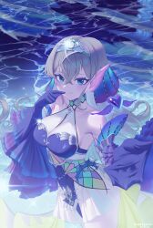 1girl absurdres aqua_eyes arm_fins bare_shoulders blue_dress blue_sleeves breasts brown_hair collarbone commentary_request crossed_bangs detached_sleeves dress duel_monster fins fish_girl frilled_sleeves frills glint hair_between_eyes halter_dress halterneck hand_up head_fins highres jewelry kitkallos_(yu-gi-oh!) large_breasts long_hair looking_at_viewer night night_sky rare_lemon reflection reflective_water silver_tiara sky smile solo standing tearlaments_kitkallos tiara very_long_hair water winged_heart yu-gi-oh!