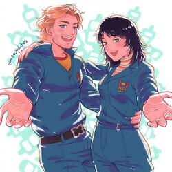 1boy 1girl :d absurdres anya_(mouthwashing) artist_name beard_stubble belt black_hair blonde_hair blue_eyes blue_jumpsuit curly_(mouthwashing) facial_hair hand_around_waist highres jumpsuit long_sleeves looking_at_viewer mango_(mgosketches) medium_hair mouthwashing open_mouth pony_express_uniform shirt smile standing stubble white_background