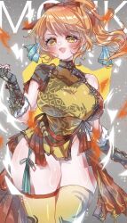 1girl blush bow breasts china_dress chinese_clothes commission dress final_fantasy final_fantasy_xiv fingerless_gloves gloves hair_bow highres junior_(namatamemisa) large_breasts looking_at_viewer open_mouth orange_hair ponytail red_bow smile solo thighhighs