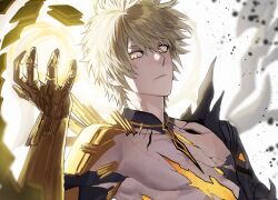 Rule 34 | 1boy, absurdres, alternate form, asymmetrical wings, bare pectorals, black shirt, black wings, blonde hair, cracked skin, hair between eyes, halo, halo behind head, hashtag-only commentary, highres, honkai: star rail, honkai (series), looking at viewer, male focus, material growth, nongxy nonshi, pectorals, phainon (honkai: star rail), shirt, short hair, solo, torn clothes, torn shirt, wings, yellow blood, yellow eyes, yellow wings