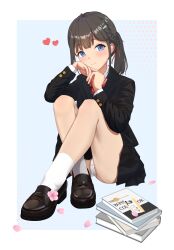 1girl absurdres blazer blue_eyes blush bow bowtie braid brown_hair collared_shirt full_body highres jacket loafers long_hair looking_at_viewer original panties pleated_skirt ponytail red_bow red_bowtie school_uniform shirt shoes sitting skirt smile socks solo underwear wanliu white_panties white_shirt white_socks