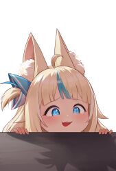 1girl :3 :d ahoge animal_ear_fluff animal_ears blonde_hair blue_eyes blue_hair blunt_bangs cat_ears commentary fangs highres indie_virtual_youtuber long_hair maritan_(pixelmaritan) multicolored_hair one_side_up open_mouth peeking_out portrait sameko_saba simple_background smile solo streaked_hair two-tone_hair virtual_youtuber white_background