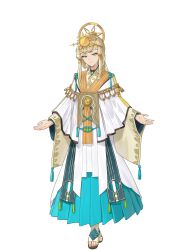1girl absurdres androgynous aqua_skirt artist_request blonde_hair blunt_bangs closed_mouth full_body green_eyes hair_ornament highres japanese_clothes kanata_(rune_factory) long_hair long_sleeves looking_at_viewer official_art pleated_skirt rune_factory rune_factory:_guardians_of_azuma sandals shirt simple_background skirt smile solo standing straight_hair tachi-e transparent_background white_background white_shirt wide_sleeves