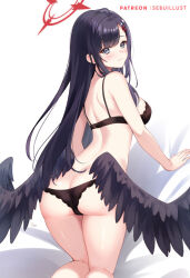 1girl artist_name ass black_bra black_hair black_panties black_wings blue_archive blush bra breasts closed_mouth feathered_wings from_behind hair_ornament hairclip halo ichika_(blue_archive) kneepits large_breasts long_hair low_wings panties red_halo sebu_illust simple_background solo underwear underwear_only watermark white_background wings