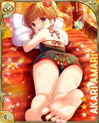 1girl amari_akari ass barefoot black_shirt black_shorts card_(medium) feet girlfriend_(kari) hugging_object indoors looking_at_viewer lying multicolored_hair nail_polish official_art on_stomach open_mouth pillow pillow_hug ponytail qp:flapper red_eyes shirt short_hair shorts side_ponytail sidelocks solo spa streaked_hair tagme