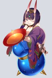 1girl alcohol bare_shoulders breasts bridal_gauntlets collarbone cup echo_(circa) eyeliner fate/grand_order fate_(series) gourd headpiece horns japanese_clothes kimono long_sleeves looking_at_viewer makeup one_eye_closed oni open_mouth purple_eyes purple_hair purple_kimono revealing_clothes sakazuki sake short_hair shuten_douji_(fate) simple_background skin-covered_horns small_breasts smile solo wide_sleeves