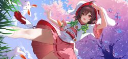 1girl ahoge alternate_costume amagasa_yun animal_ears blue_sky brown_hair carrot cherry_blossoms cloud commentary_request day ears_through_headwear floppy_ears game_cg hood hood_up hoodie inaba_tewi medium_hair official_art open_mouth outdoors pink_skirt pleated_skirt rabbit rabbit_ears rabbit_girl rabbit_tail red_eyes ribbon-trimmed_skirt ribbon_trim short_sleeves skirt sky smile solo tail tassel third-party_source touhou touhou_gensou_eclipse tree white_hoodie