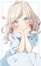 1girl aqua_neckerchief blue_dress blue_eyes blush c: ceras_yanagida_lilienfeld closed_mouth commentary_request dress feet_out_of_frame grey_hair hair_ribbon hands_on_own_cheeks hands_on_own_face hasu_no_sora_school_uniform heart highres kentotto link!_like!_love_live! long_hair looking_at_viewer love_live! neckerchief pink_ribbon puffy_short_sleeves puffy_sleeves ribbon sailor_collar sailor_dress school_uniform short_sleeves simple_background smile solo split_mouth squatting summer_uniform virtual_youtuber white_background white_sailor_collar