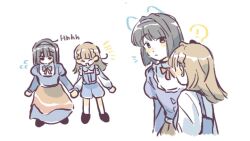 ! 2girls animal_ears black_dress black_hair blunt_bangs blunt_ends bob_cut braid brown_hair cat_ears center-flap_bangs colored_speech_bubble drawn_ears dress flying_sweatdrops green_eyes holding_hands juliet_sleeves kachimachi_kosuzu link!_like!_love_live! long_hair long_sleeves looking_at_another love_live! momose_ginko multiple_girls multiple_views official_alternate_costume puffy_sleeves short_hair side_ahoge side_braids simple_background speech_bubble spoken_exclamation_mark virtual_youtuber white_background woodonly