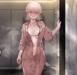 1girl alternate_costume art_undertaker bathrobe bikini blonde_hair blush breasts breasts_apart brown_robe collarbone commentary cowboy_shot english_commentary girls&#039;_frontline girls&#039;_frontline_2:_exilium gold_bikini golden_week golden_week_bikini groza_(girls&#039;_frontline_2) highres indoors large_breasts long_hair looking_at_viewer navel orange_eyes ots-14_(girls&#039;_frontline) parted_lips robe shower_(place) smile solo steam swimsuit